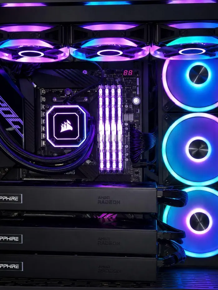 Intérieur d’un ordinateur équipé de trois cartes graphiques Sapphire AMD Radeon et d’un refroidissement liquide, éclairage bleu et violet.